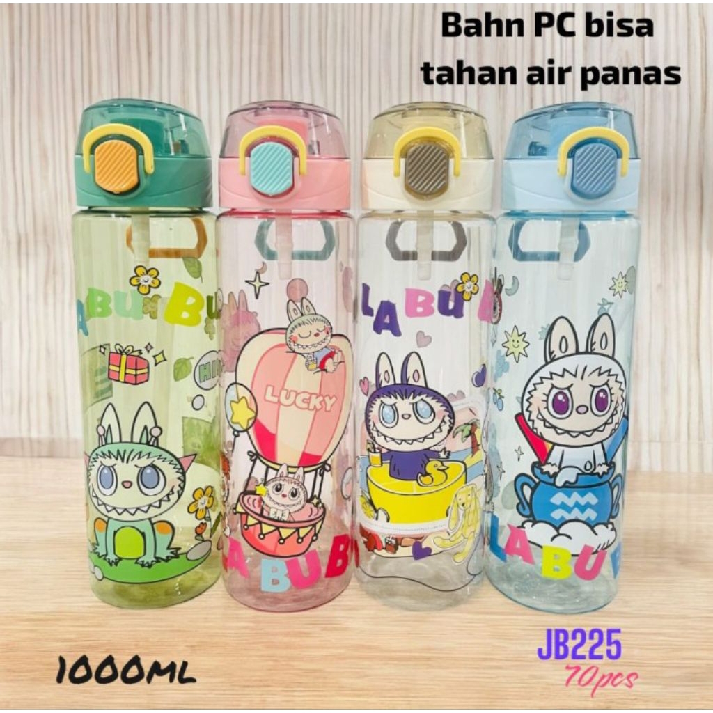Botol Minum Sedotan Labubu Bening 1 Liter / Botol Minum Anak Karakter Labubu Bening 1000Ml Botol Pla