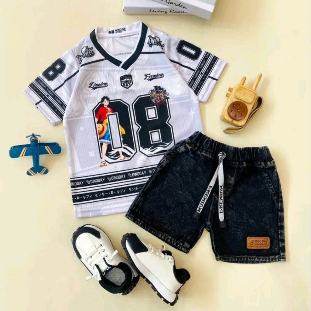 Set Baju Anak Laki-Laki Kaos Luffy One Piece + Celana Pendek | Baju Anak Cowok Usia 2-8 Tahun