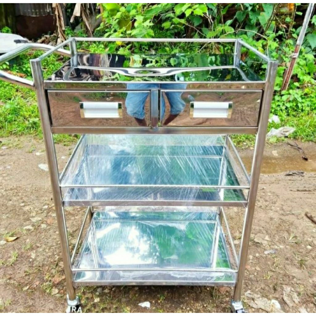 troli instrumen 3 susun + laci stainless / meja instrumen stainless - troli 2 rak ss