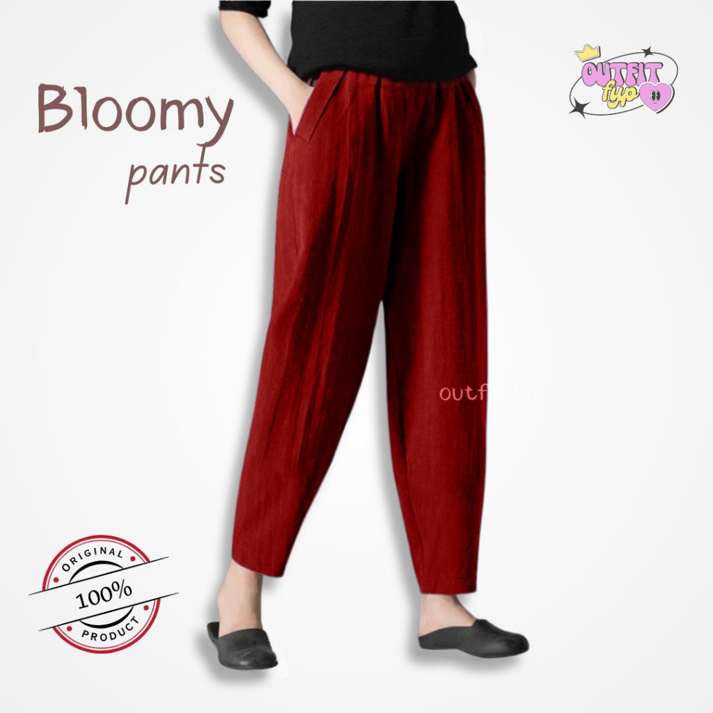 Celana Kulot Wanita Jumbo Bloomy - Baggy Pants - Celana Kasual Harian Linen Pinggang Full Karet