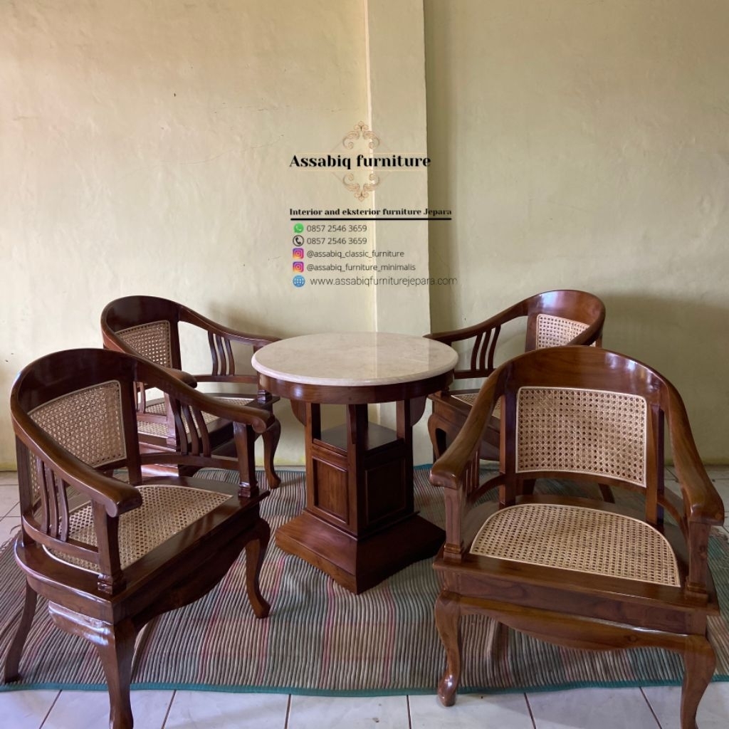 kursi tamu kayu jati minimalis top marmer - kursi tamu betawi rotan top meja marmer - kursi tamu ret