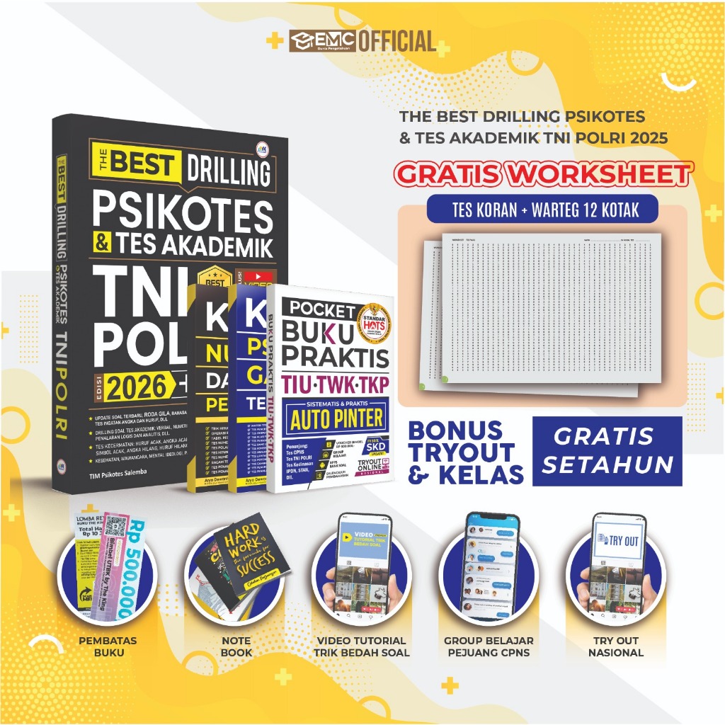 EMC Buku Tni Polri 2026 The Best Drilling Psikotes & Tes Akademik Tni Polri 2026 -Bonus Psikotes Gam