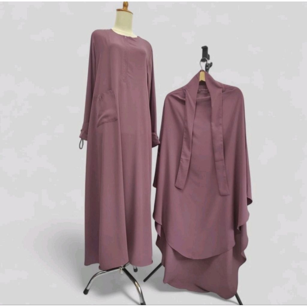 Gamis Umroh Harian Bahan Softer Adem Lembut dengan French Khimar Hitam Jetblack