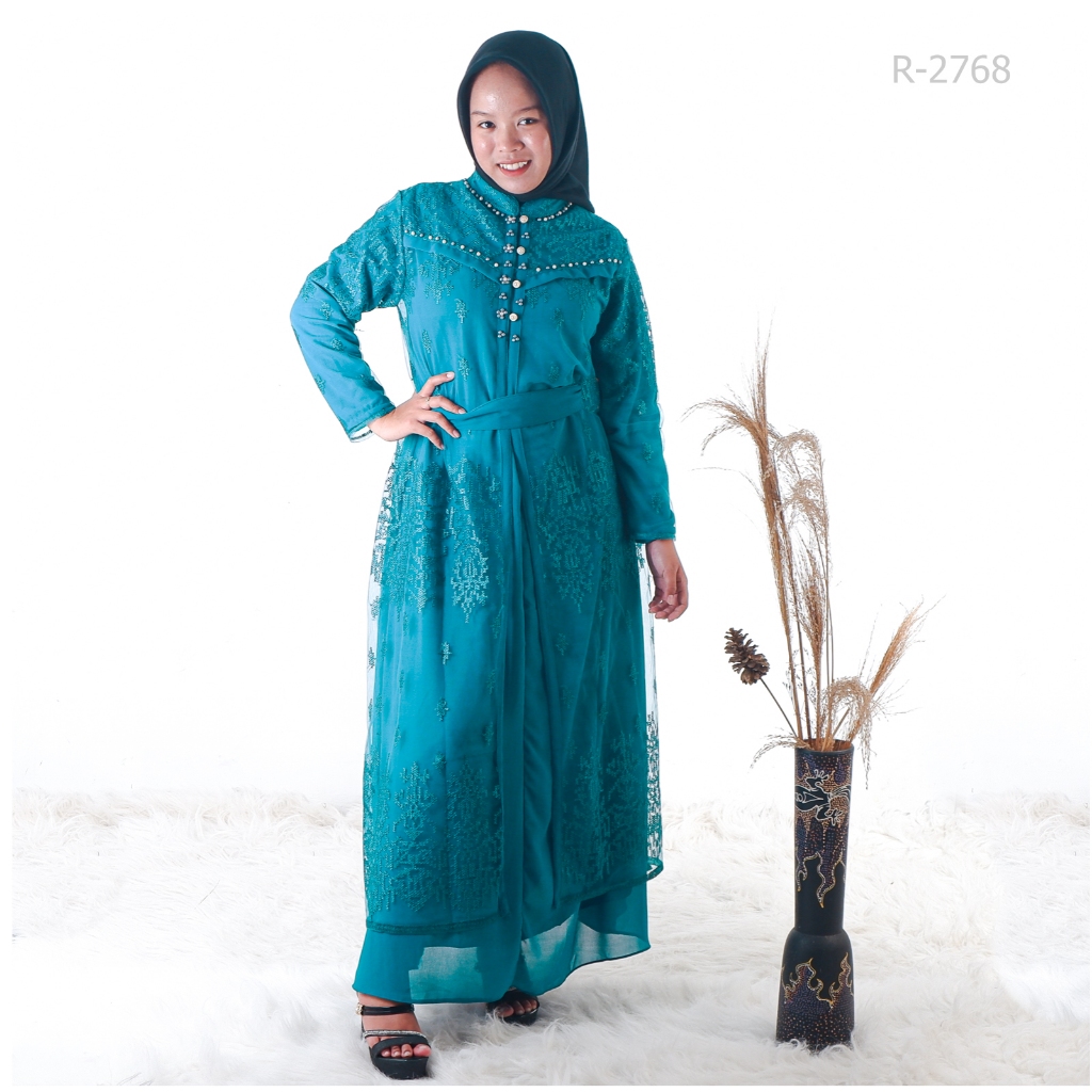 Gamis Outer Brokat Kancing Depan Warna Emerald GB Fashion [R2768]