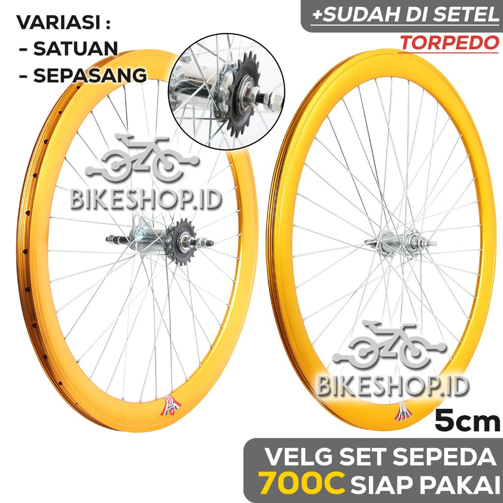 Velg Set Sepeda 700C 5CM GOLD BELAKANG TORPEDO / DEPAN Alloy Rims Roda Siap Jadi Fixie Balap Road Bi