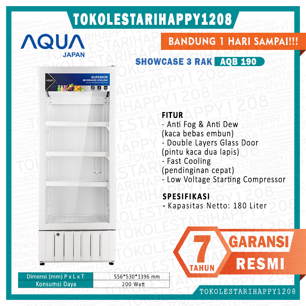 AQUA SHOWCASE AQB-190 - AQB-190 3 RAK / AQB 190 - 180 Liter Garansi Resmi