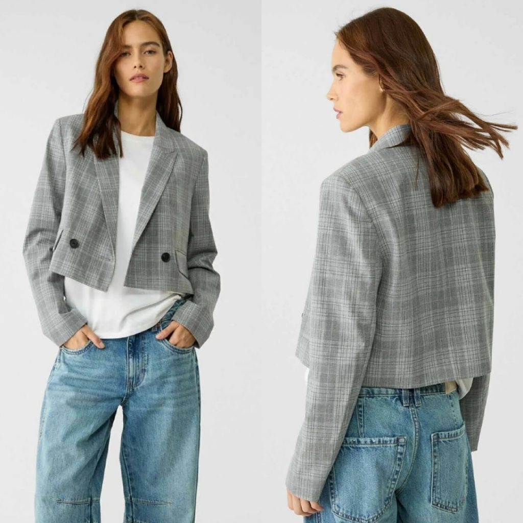 STRADIVARIUS CROPPED BLAZER CHECKERED GRAY BARU ASLI ORIGINAL