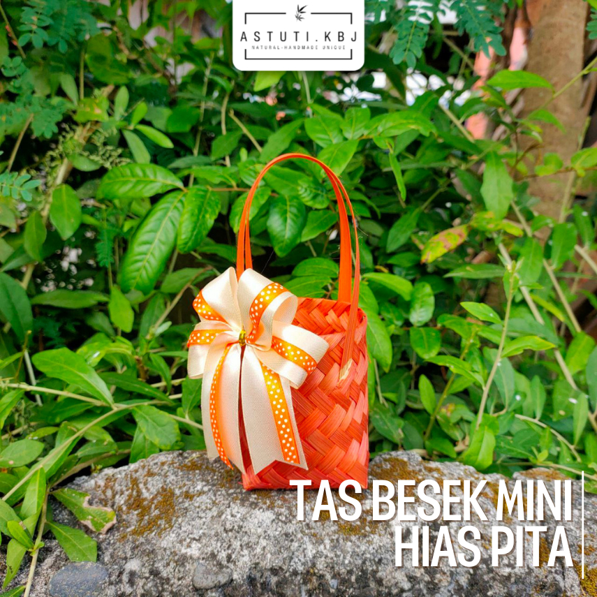TAS BESEK MINI KERANJANG ANYAM BAMBU HIAS PITA POLKA | kerajinan besek | tas kecil | tas anyam