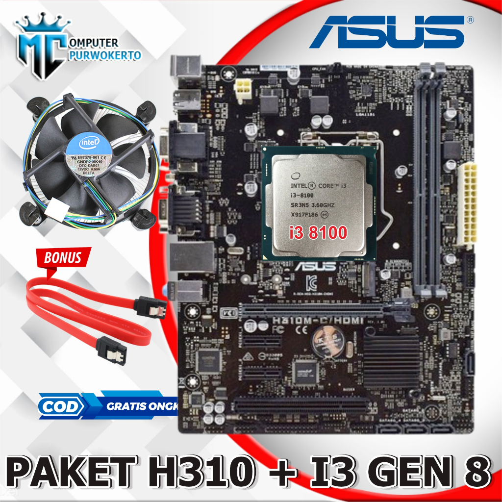 Mainboard Mobo Motherboard H310 Intel Lga 1151 + Processor Intel i3 Gen 8 + Ram Pc DDR4 + Fan