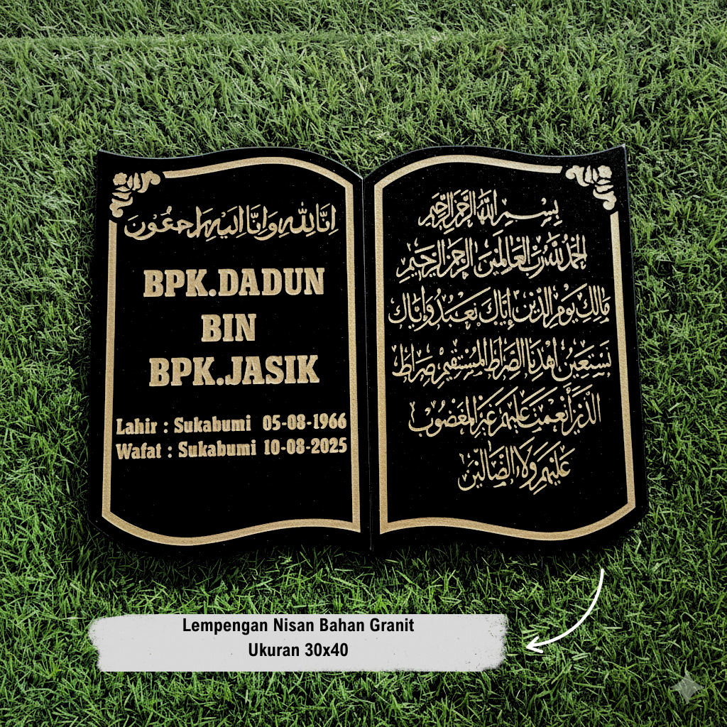 PAPAN NISAN ISLAM MODEL BUKU CUSTOM GRANIT MAKAM / BATU NISAN MAKAM BENTUK BUKU | UKURAN 30X40