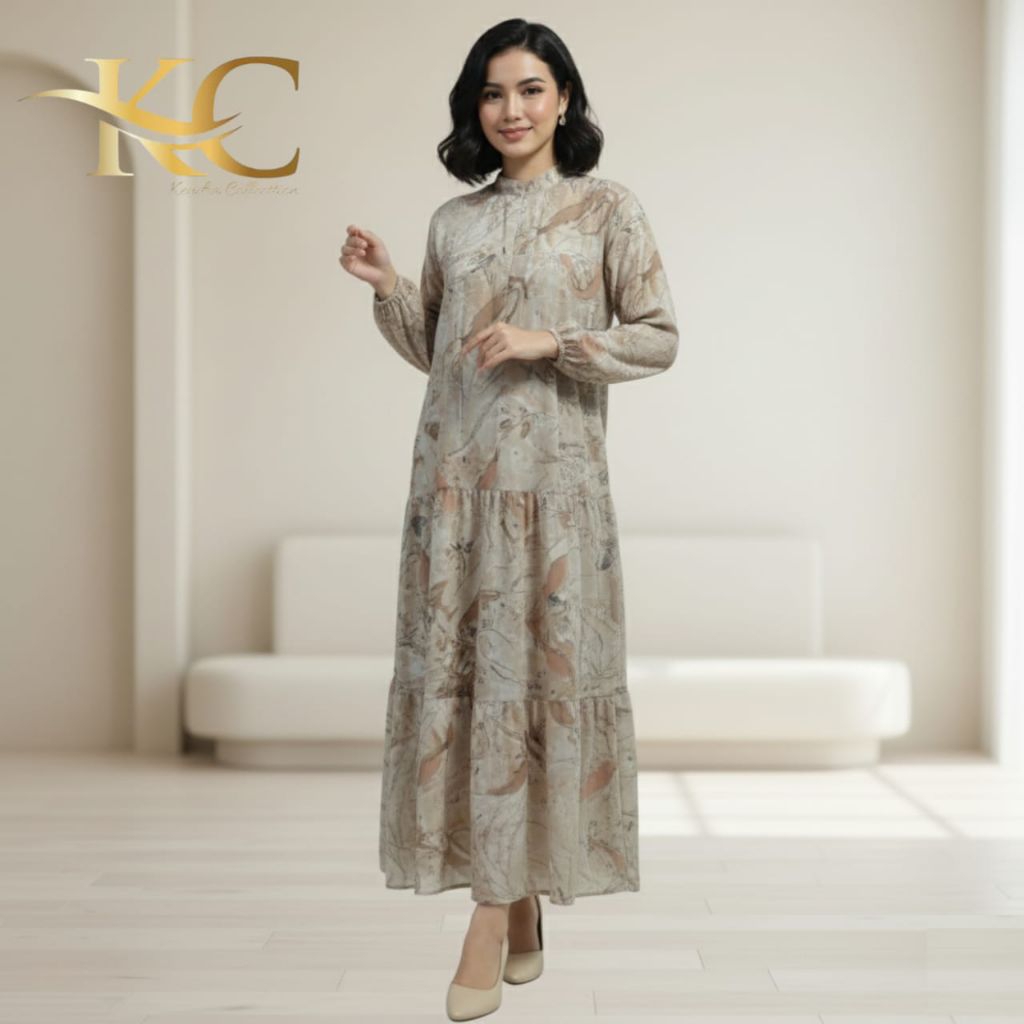 Gamis Wanita Ceruty Babydoll Model 3 Undak Motif Abstrak Warna Cream
