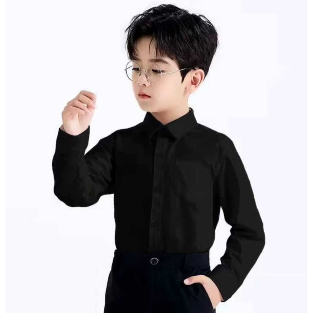 Kemeja Hitam Polos Anak Laki-Laki Lengan Panjang