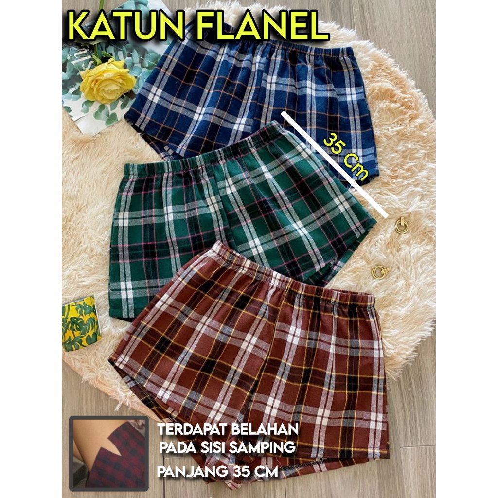 Boxer Dewasa Bahan Katun Flanel Motif kotak Panjang 35 Cm Celana Kolor Pria Wanita Celana Pendek