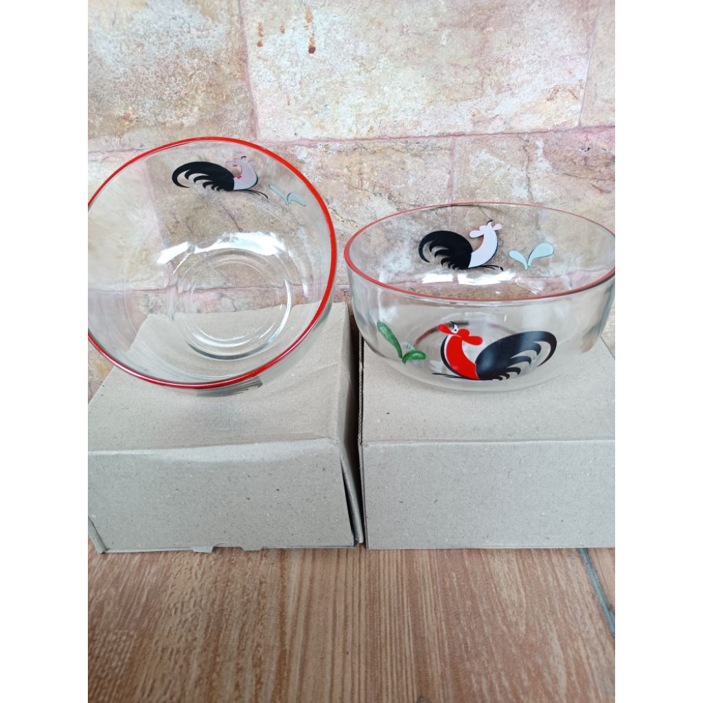 Mangkok Kaca Ayam Jago 15cm Free Box / Mangkok Sayur + Box / Mangkok Bunga / Souvenir Mangkok / Mang