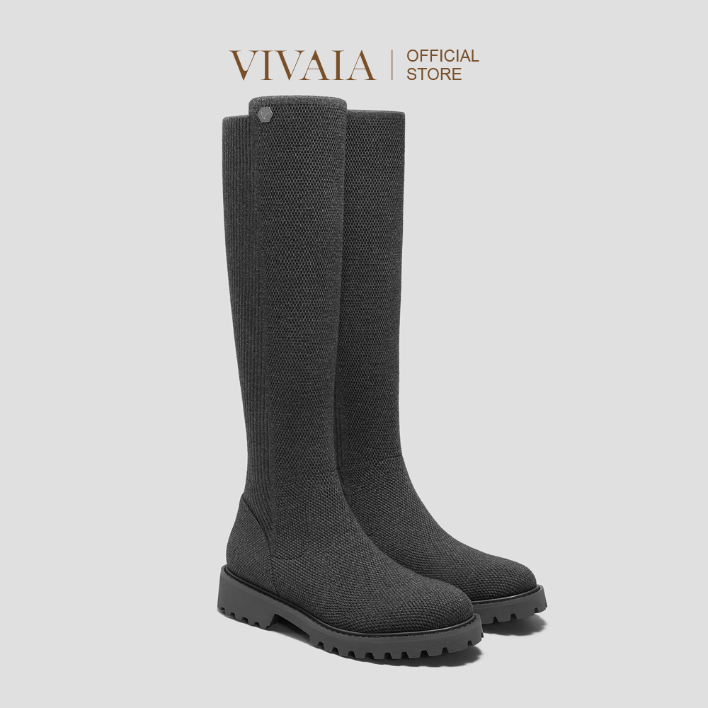 VIVAIA Sepatu Wanita Round-Toe Stretchy Wool Knee-High Boots (Filipa) - Rich Grey
