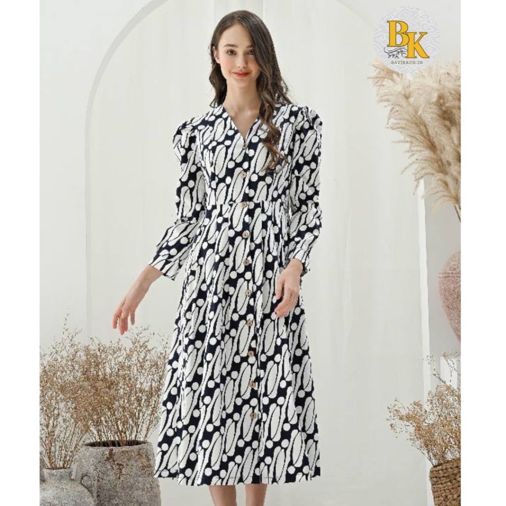 Dress 258 AON NAVY - Dress Batik Wanita / Terusan Longdress Batik Modern
