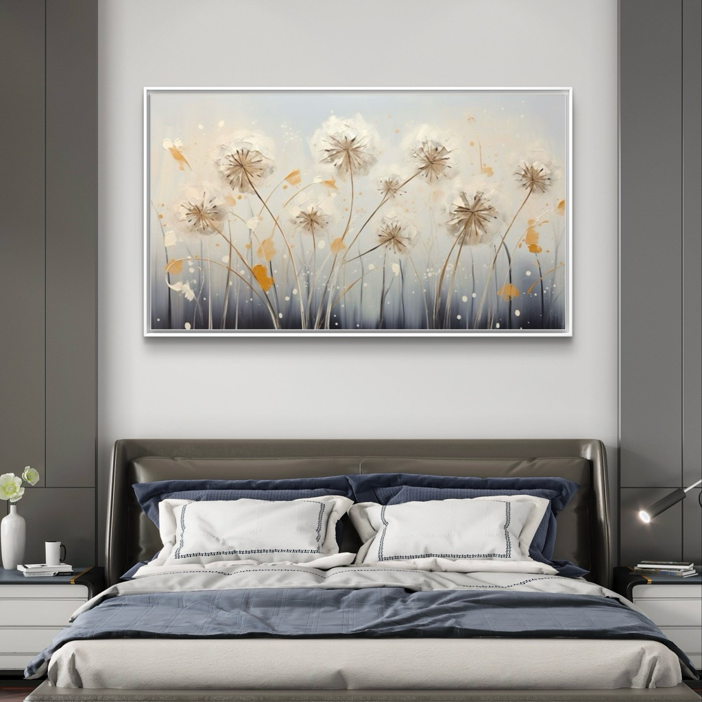 Lukisan kanvas bunga dandelion putih aesthetic