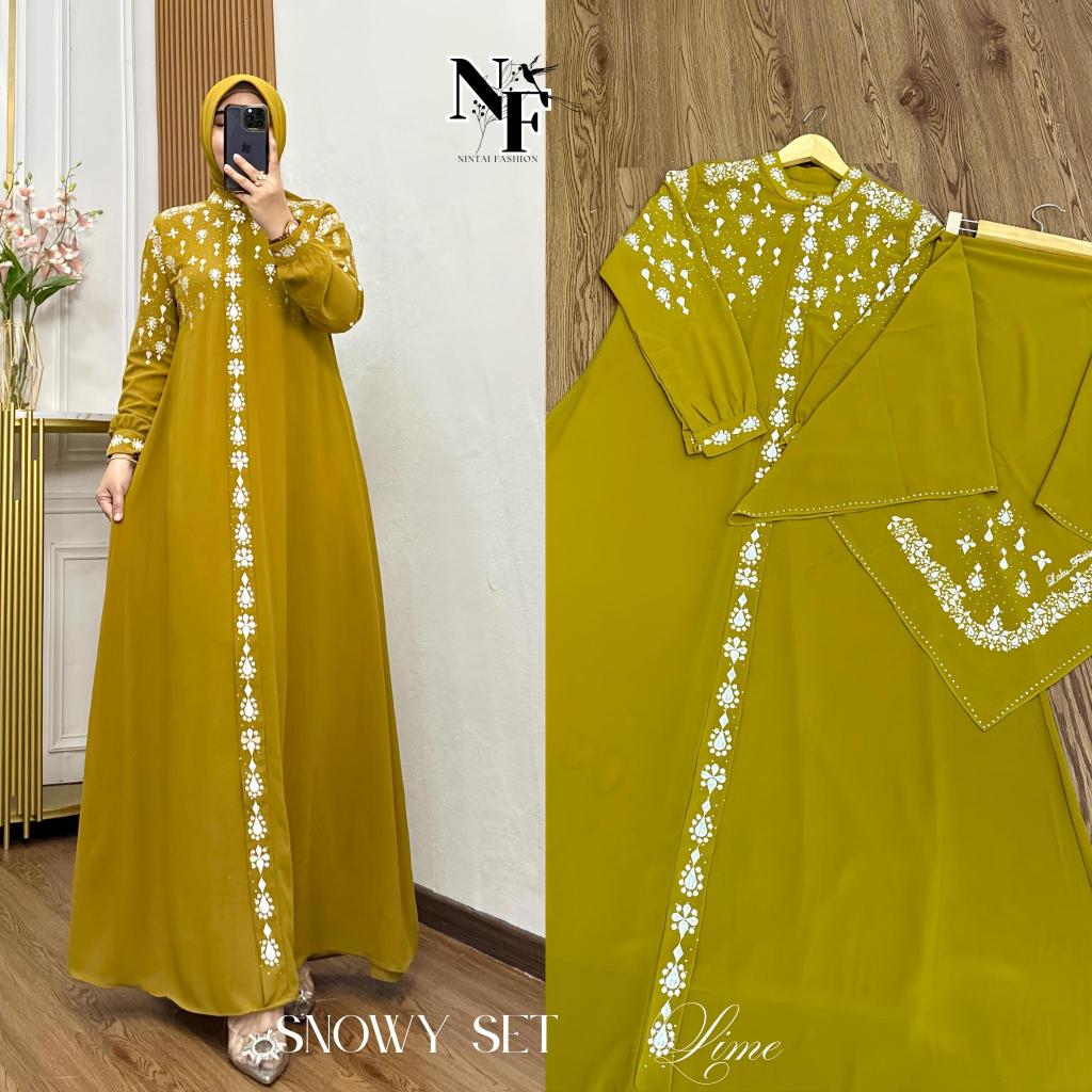 SNOWY Set Hijab Hitam Bordir Payet Elegan - Gamis Syari Seruti Babydoll Premium | Koleksi Terbaru Fi