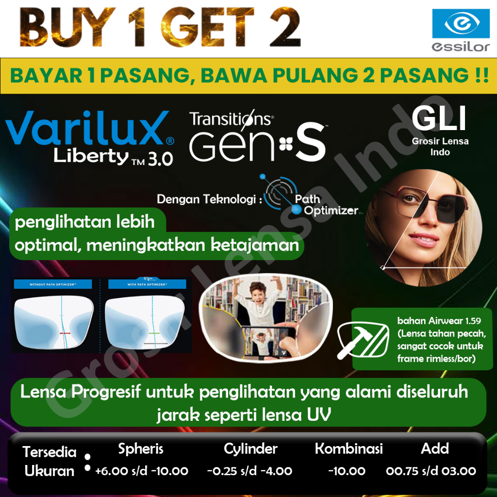 Lensa Essilor Progresif VARILUX LIBERTY AIRWEAR 1.59 TRANSITION GEN S GREY GARANSI RESMI ESSILOR 2 T
