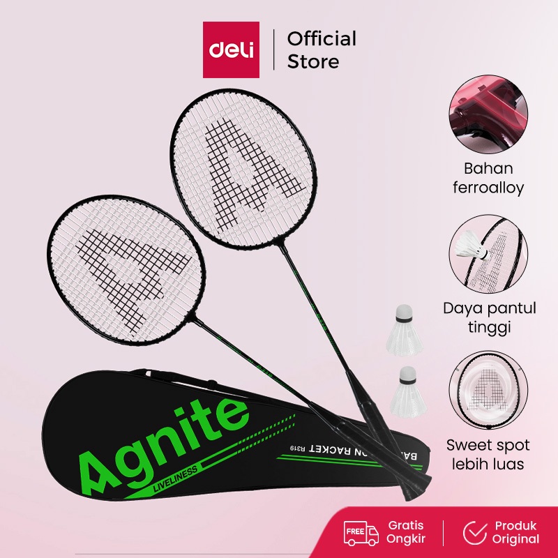 Agnite Badminton Racket / Raket badminton Warna hitam 1 pasang (2) GRATIS Kok + Sarung Raket ER319