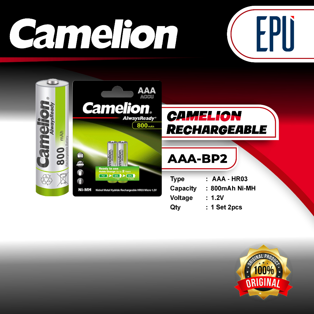 Camelion Rechargeable Battery Charger AAA Baterai Cas A3 Batere 800mAh Baterai A3