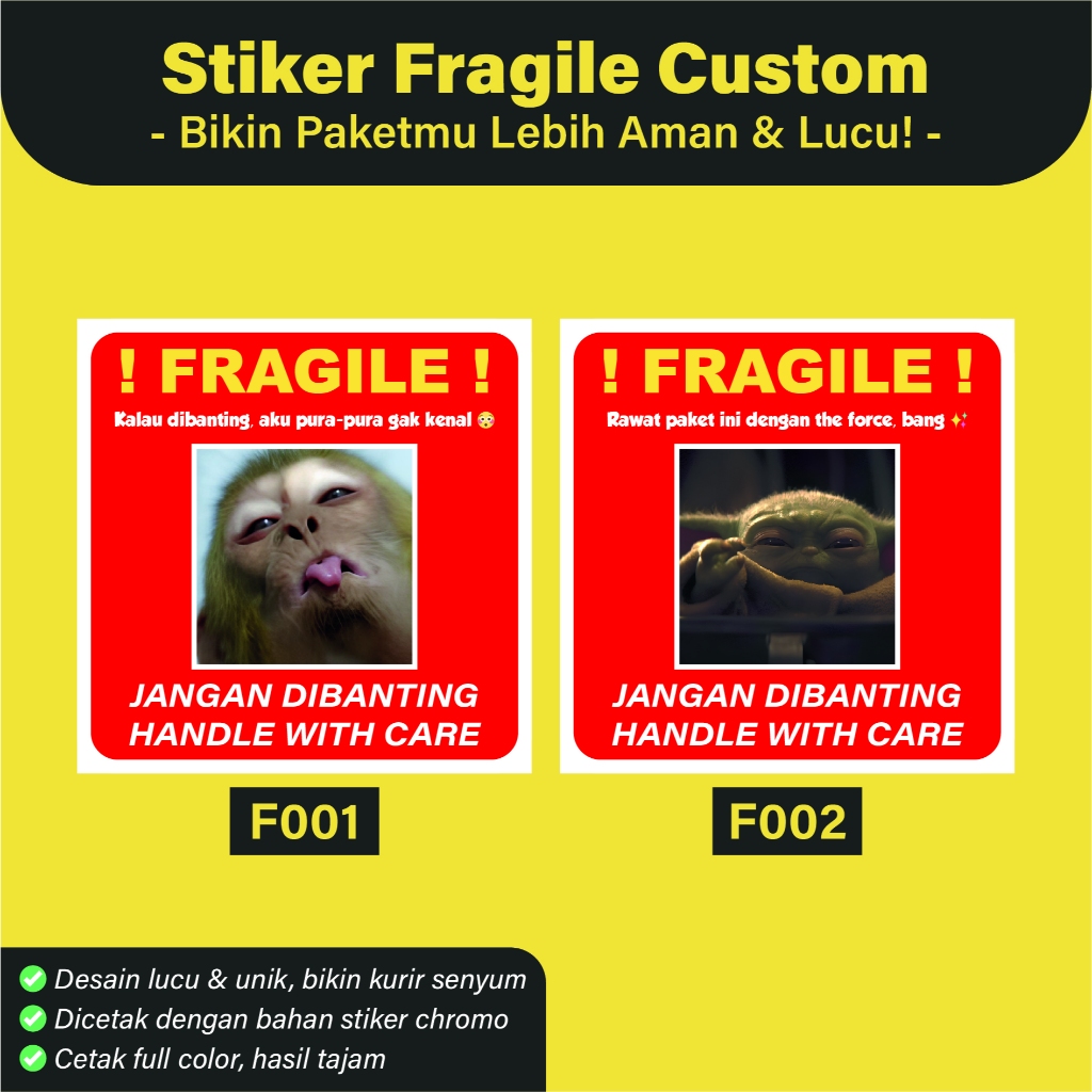 

Stiker Fragile Custom Lucu – Stiker Chromo | Desain Unik & Lucu | Jangan Dibanting | Bikin Kurir Senyum | Paket Aman | Kurir Happy