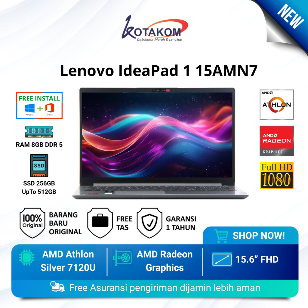 PROMO Lenovo IdeaPad 1 15AMN7 AMD Athlon Silver 7120U Ram 8GB Ssd 512 Gb Pengganti V14 G4 AMN - FREE