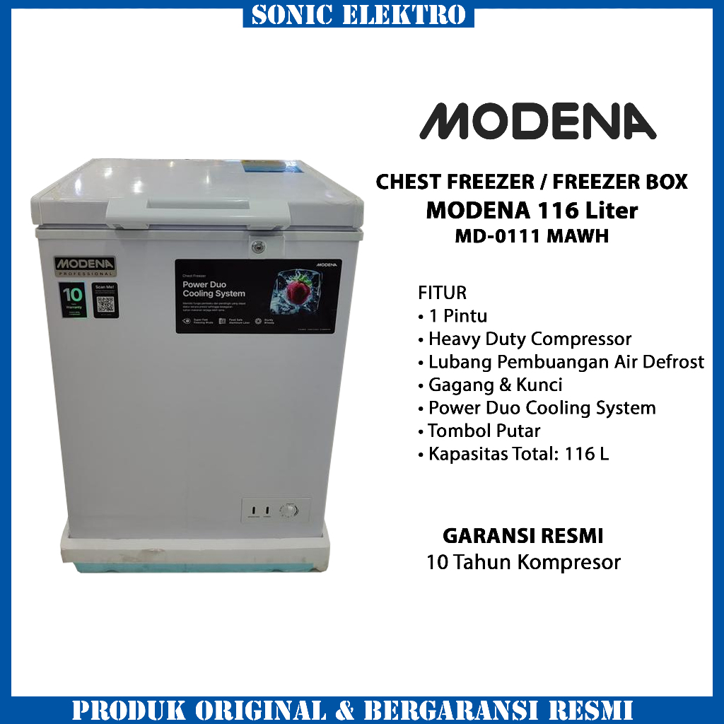 Modena Chest Freezer Box 116L Power Duo Cooling MD 0111 MAWH Garansi Resmi