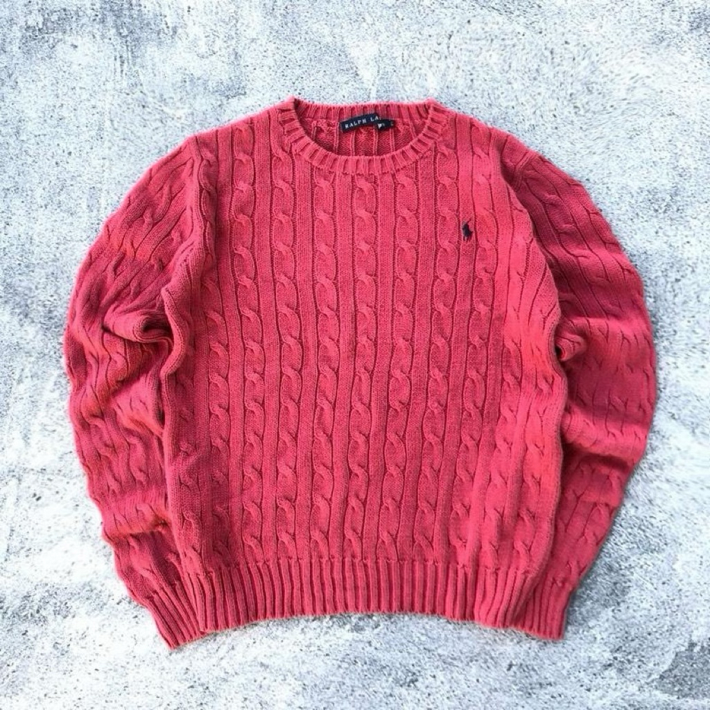 Sweater Polo Ralph Lauren Cableknit Rajut Full Kepang Red Coral