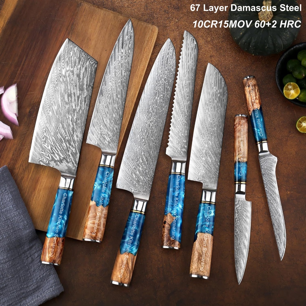 Pisau Dapur Tajam Potong Daging Chef Knife Bahan Baja Damascus + Pattern Material VG10 Steel 67 Laye