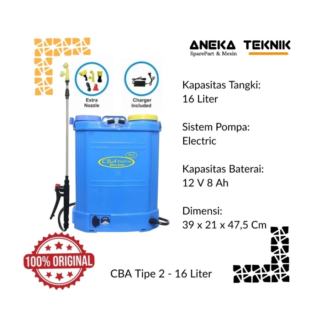 Aneka Teknik - Sprayer / Alat Semprot Hama CBA Tipe 2 Elektrik Kapasitas Tangki 16 Liter Asli & Berk