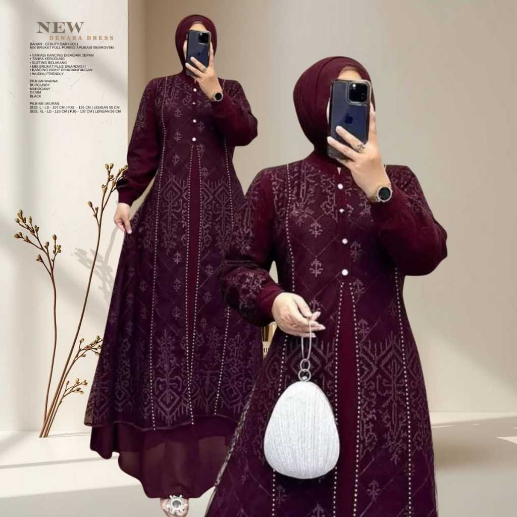 Davina Dress Mahogany Bahan Ceruty Armany Mix Brukat Bling Bling Outer Kondangan Elegan Baju Wanita 
