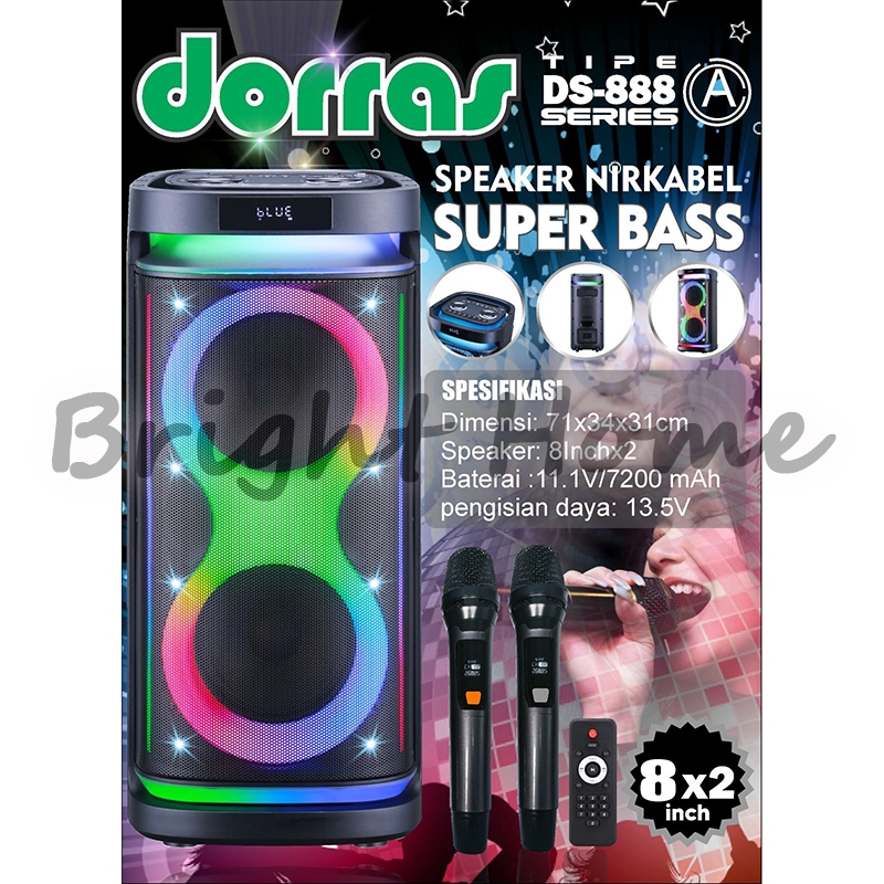DORRAS DS-888 A DS888A Speaker Nirkabel Portable Wireless 8 Inchi Double Super Bass Free 2 Microphon
