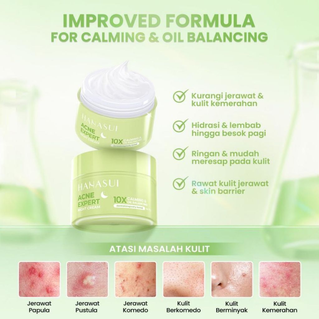 HANASUI Acne Expert Night Cream 15 gr | Krim malam untuk Jerawat | Krim Malam Oil Control | Krim mal