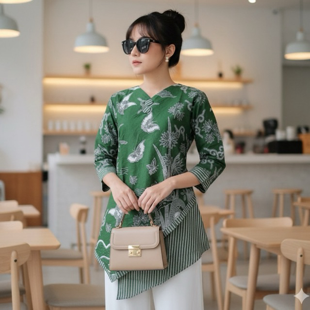 Shanaya Baju Batik Wanita Blus Kupu Asimetris Batik Cantik HN untuk kerja kondangan