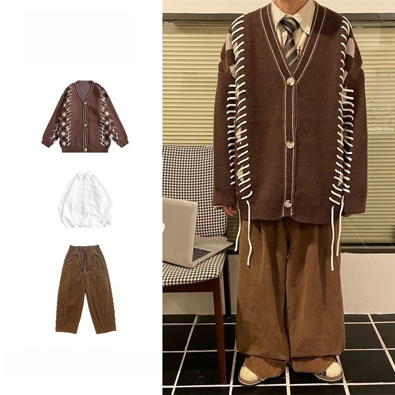 Jaket Kardigan Lengan Panjang Retro Gaya Jepang Pria Sweater Kardigan Renda Kisi Berlian Musim Gugur