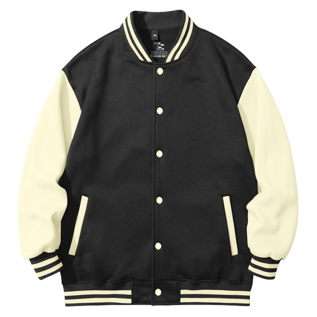Jaket Baseball Varsity Polos Unisex Jaket Baseball Hitam Cream