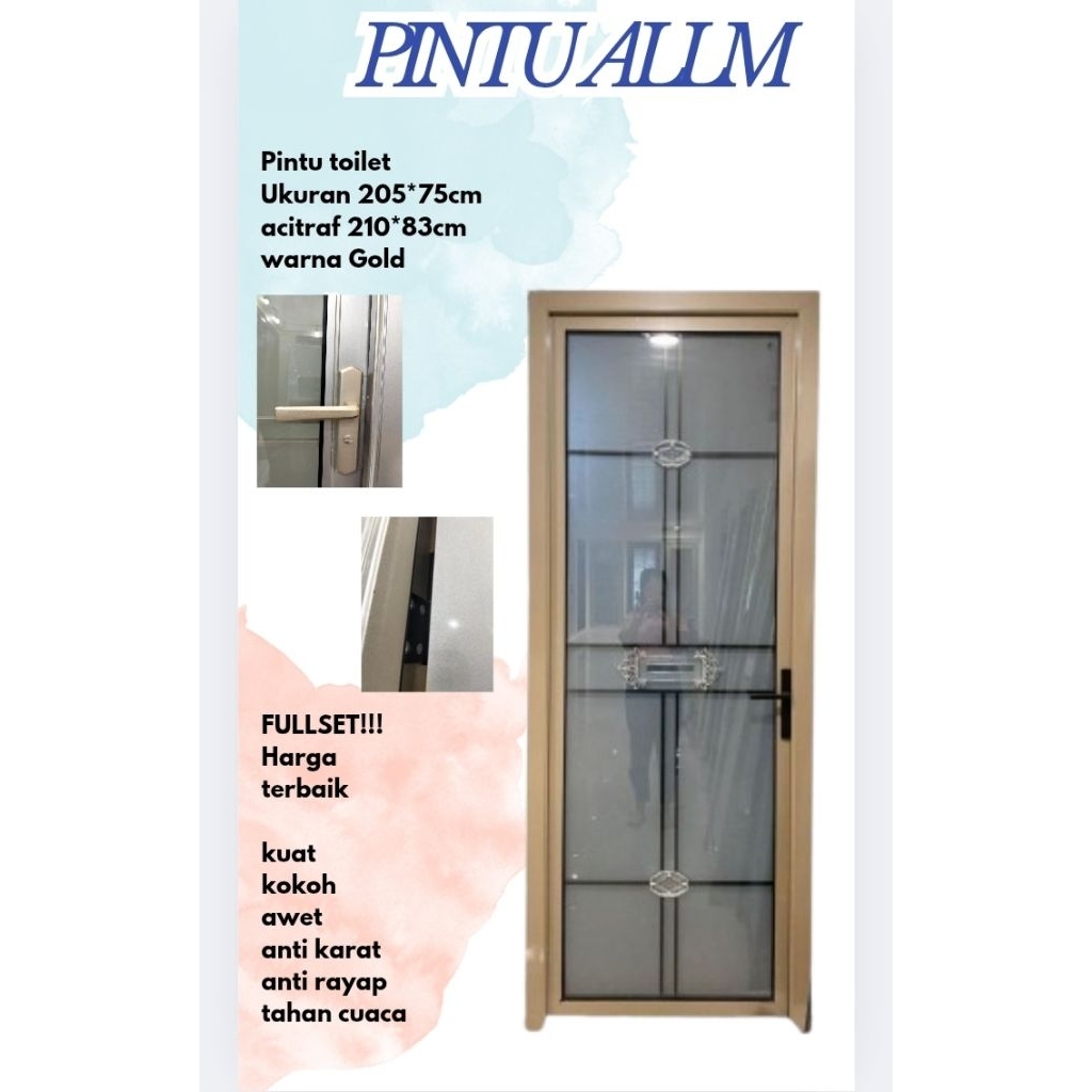 PINTU TOILET ALUMUNIUM WARNA GOLD/PINTU TOILET/PINTU KAMAR MANDI KACA TEMPERED