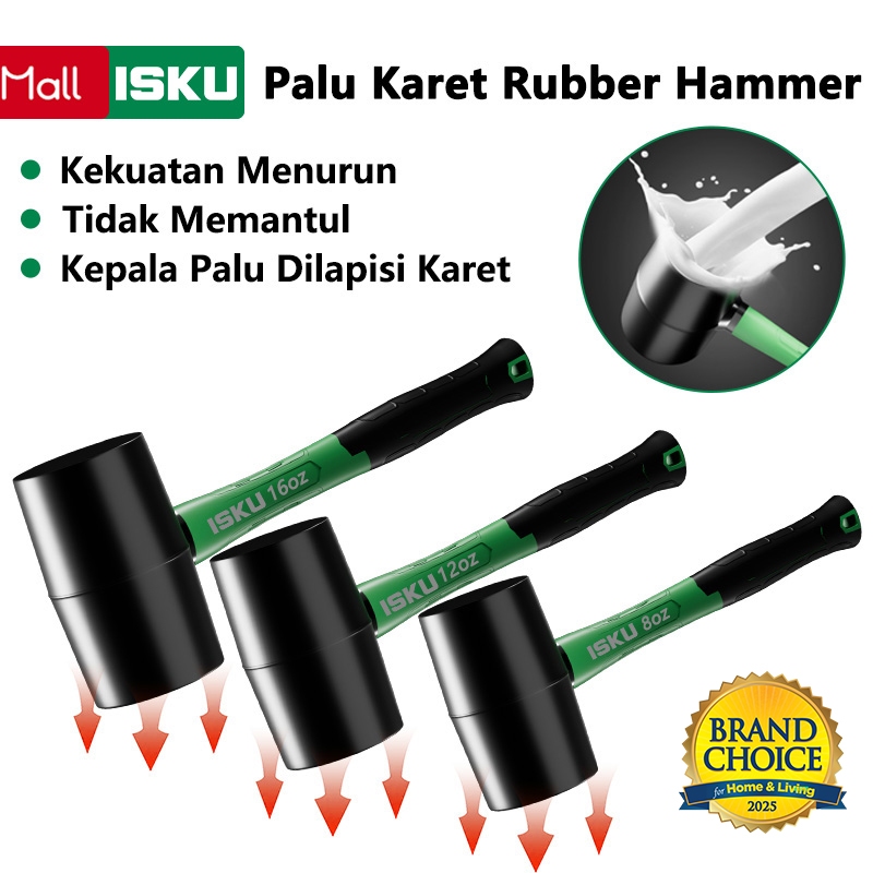 ISKU Palu Karet 8oz, 12oz, 16oz - Warna Hitam untuk Pekerjaan Keramik dan Bangunan
