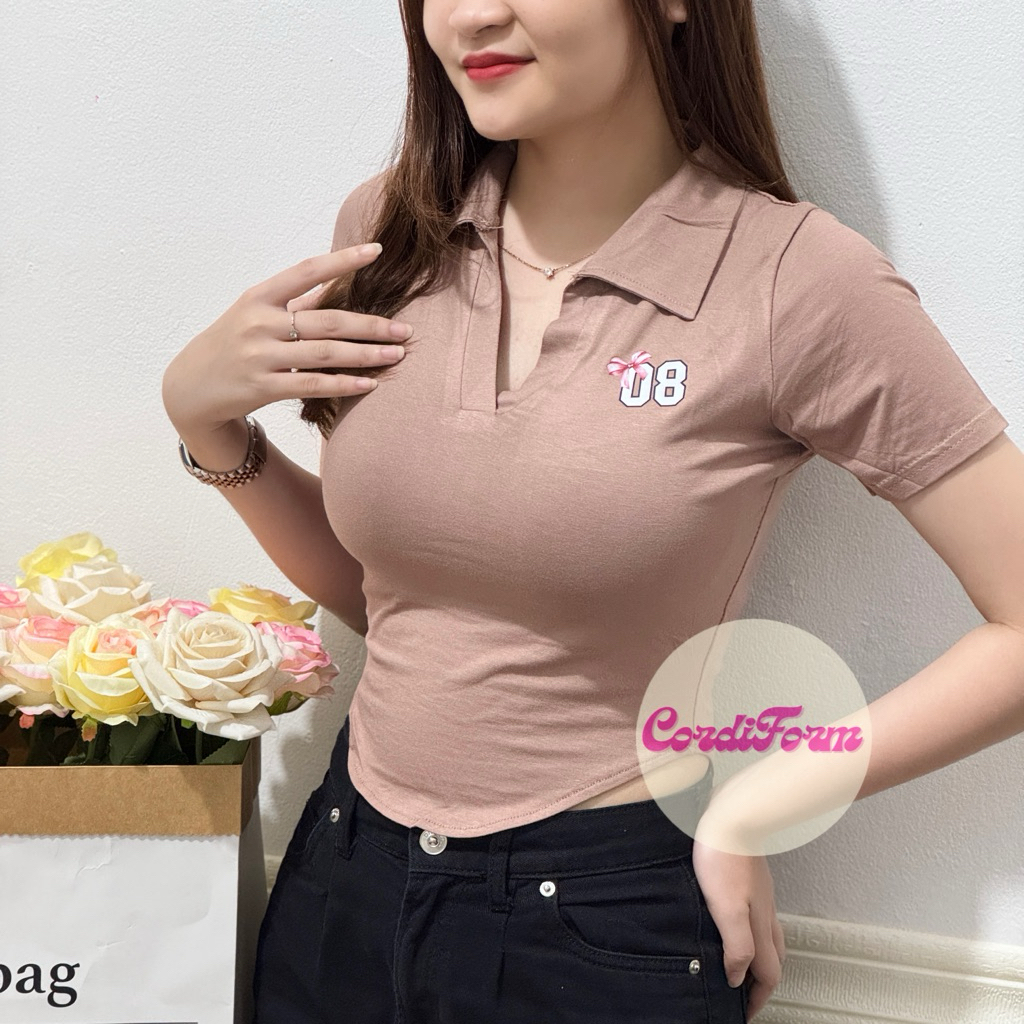 Crop Top Wanita Oval Kerah V Logo Number / Atasan Crop Sablon DTF #08
