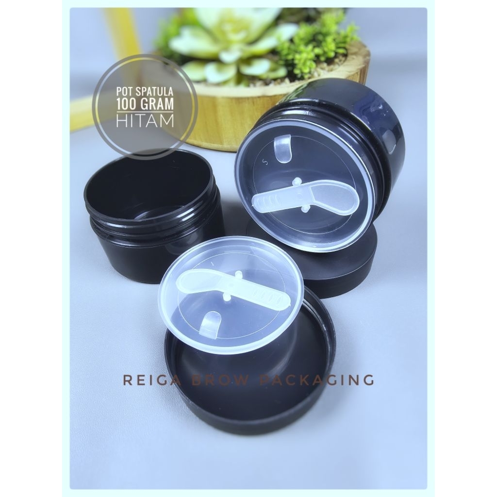 Pot Kosmetik PP 100gr Warna Hitam - dengan Spatula dan Tutup DalamKemasan Cream 100 Gram Jar Hitam P