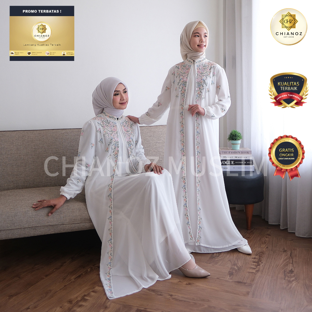 CHIANOZ Gamis Putih Couple Ibu & Anak Rossa Dress Renda Bunga Baju Lebaran Umroh Haji Manasik Pesta 