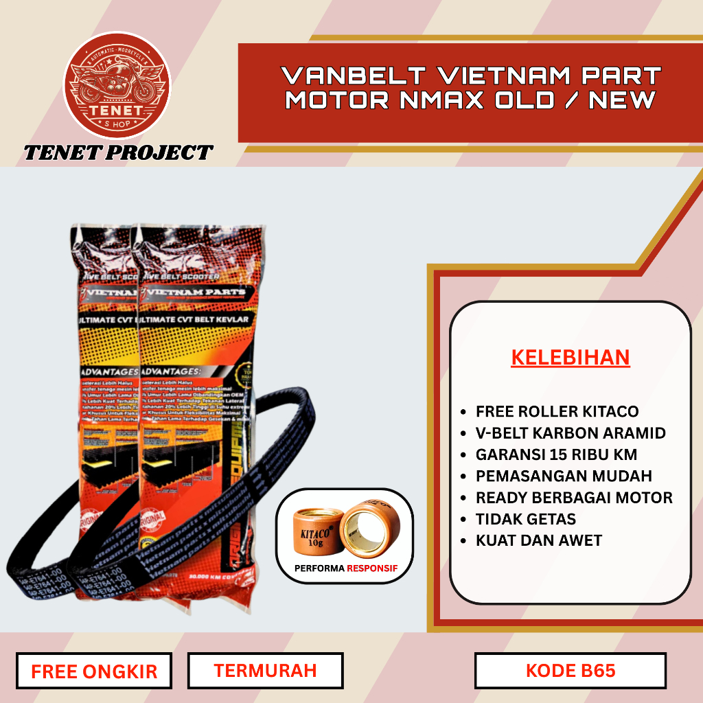 VANBELT SET NMAX  OLD VIETNAM PART BAHAN CARBON KEVLAR ARAMID FREE ROLLER KITACO PNP AEROX OLD