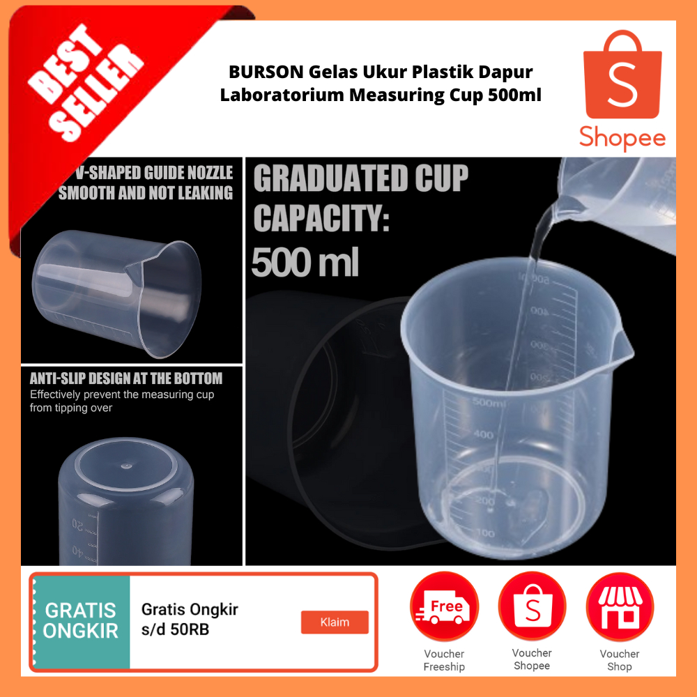 Gelas Ukur Plastik Dapur Laboratorium Measuring Cup 500ml / Gelas Transparan Ukur Laboratorium Dapur