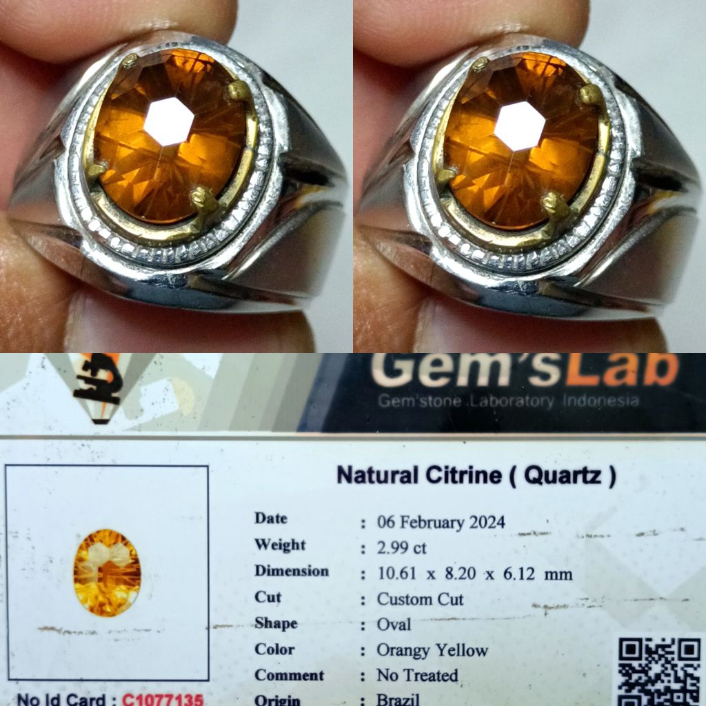 NATURAL CITRINE QUARTZ RING MONEL MEMO GLI LAB