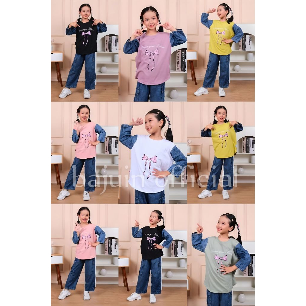 Gratis Ongkir ✨ Baju Setelan Anak Cewek Modis | Celana Levis Cargo | Umur 3–14 Tahun