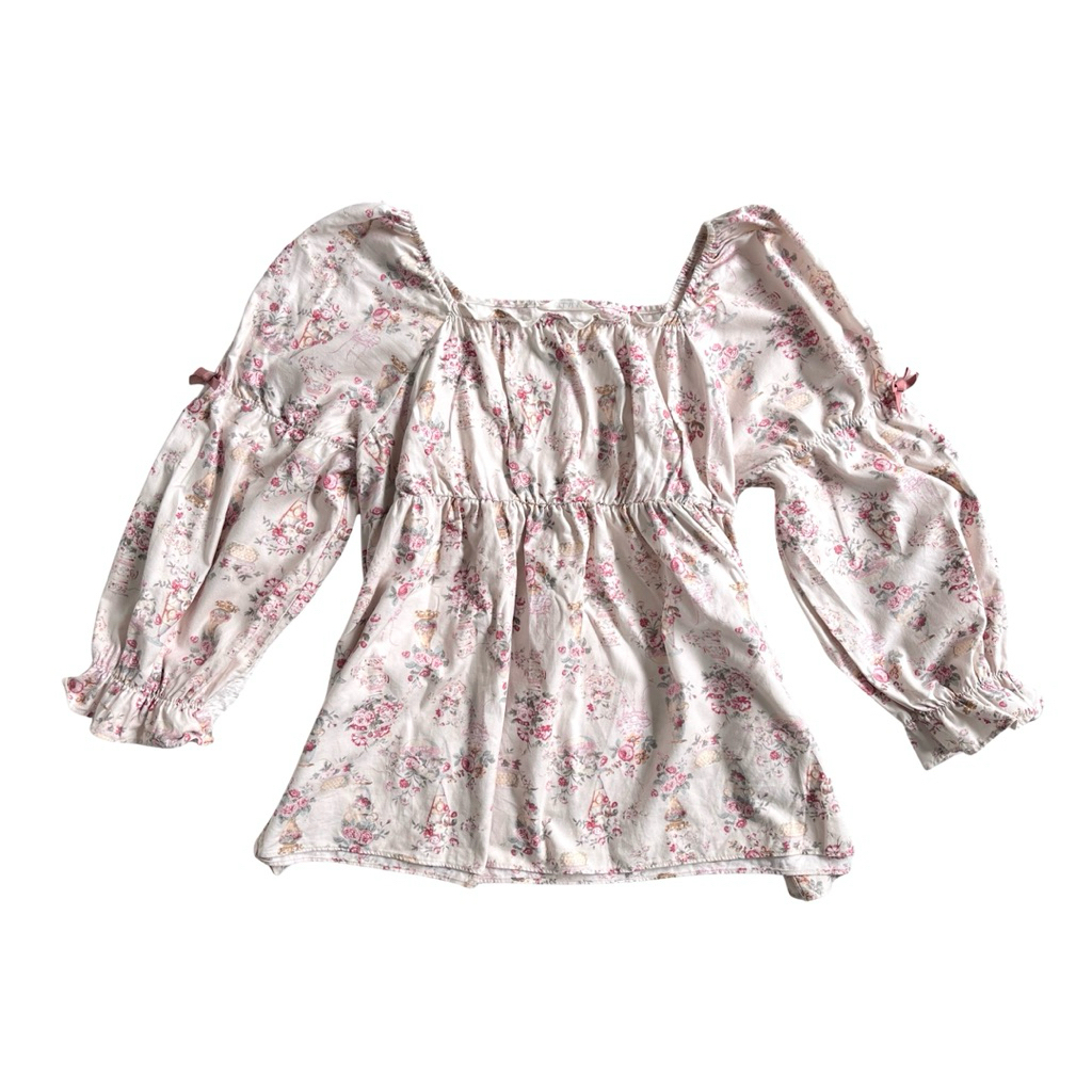 ULLALA ˚𐙚。 vintage floral pink kawaii blouse puff long sleeves square neck cottagecore babydoll roma
