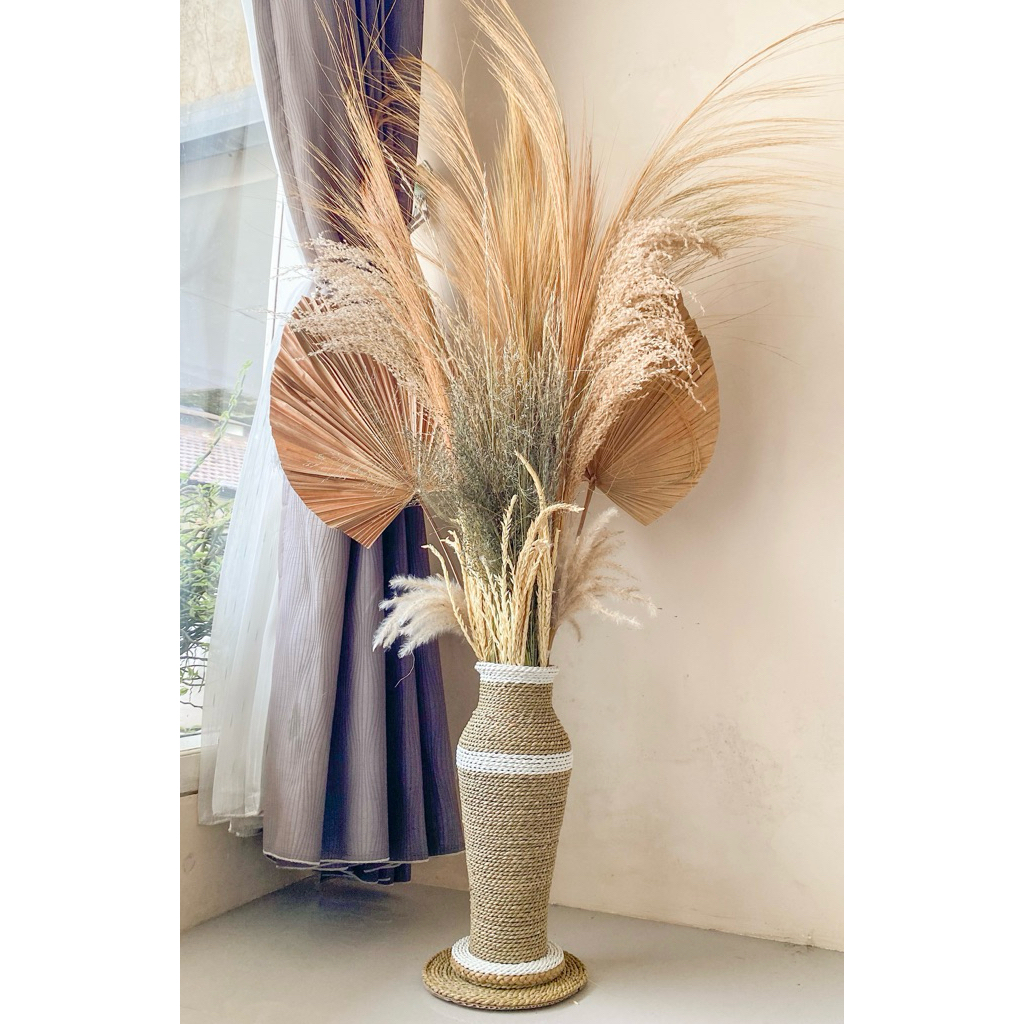 Paket Lengkap Bunga Kering + Pot Vas Guci 35cm Palem Kering+Pampas+Rayung+Dekorasi Rustic/ Aesthetic