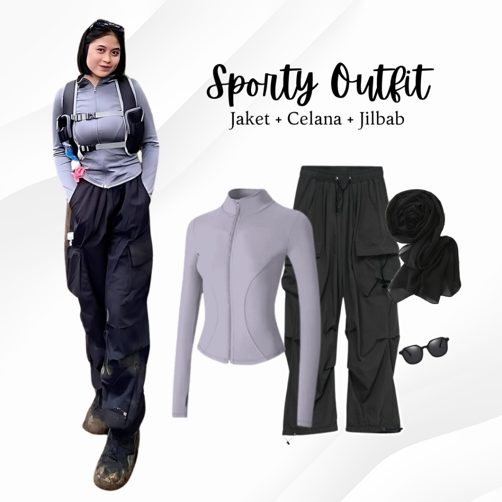 One Set 3in1 Jaket Celana Cargo Jilbab Bella  | Outfit Hiking Gunung Padel Jogging Olahraga SK122