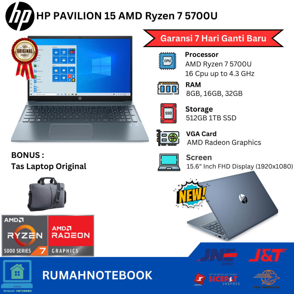 Laptop Baru Hp Pavilion 15 AMD Ryzen 7 5700u 4.3 Ghz (16 cpus) SSD Blue